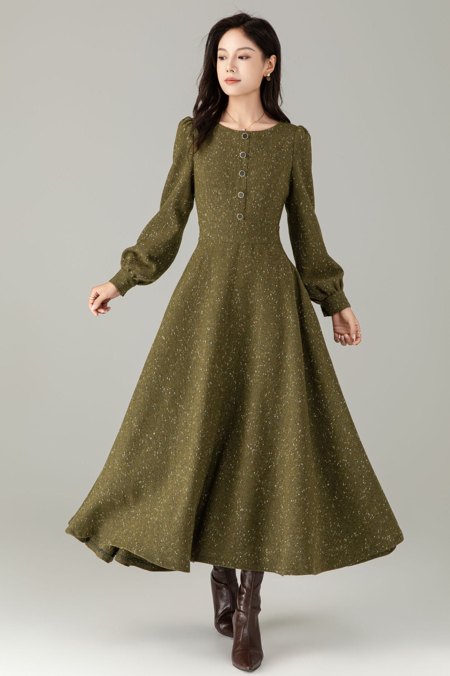 Olive Tweed Wool Maxi Dress — Vintage Button‑Front A‑Line with Pockets C5243