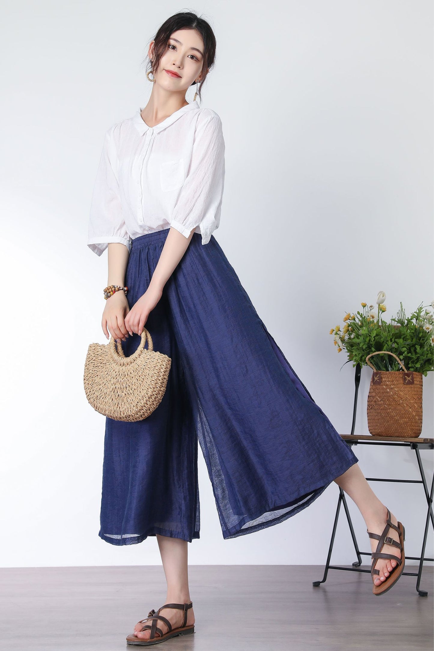 Navy wide legs elastic waist pants C3330