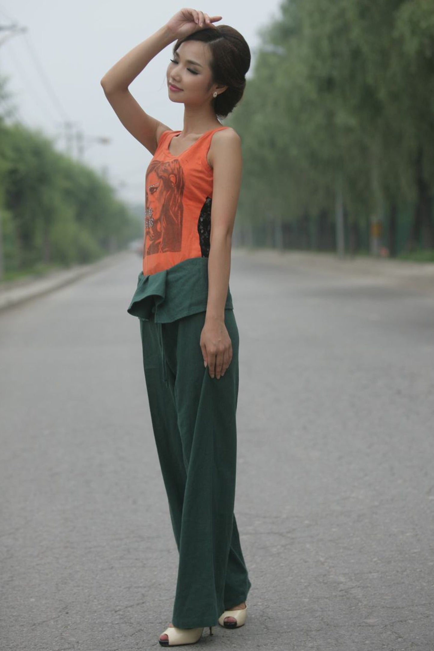 Irregular Waist Green Wide Leg Straight Leg Pants C156