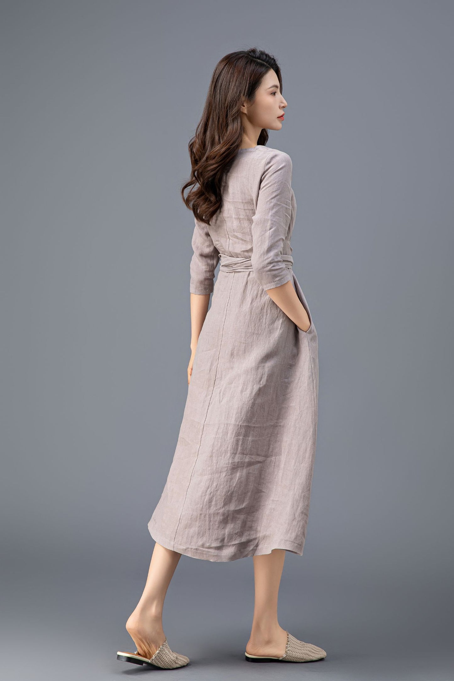 Women's Grey Linen belted Dress C3915