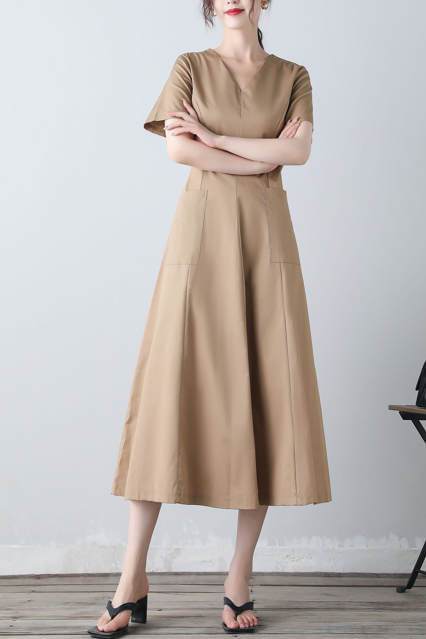 Women's v neck khaki dress C3454