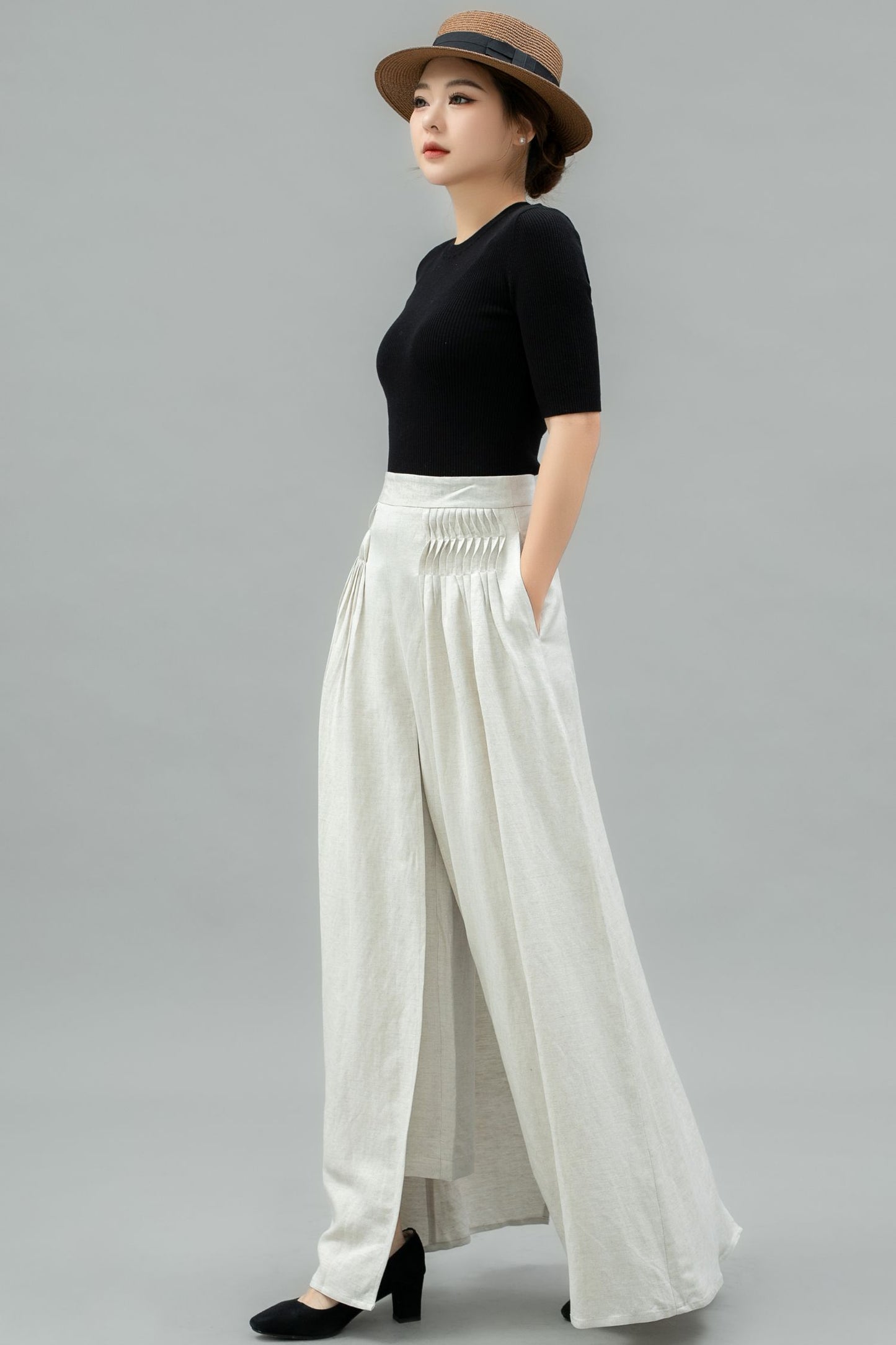 White Wide Leg Linen Palazzo Pant C4743