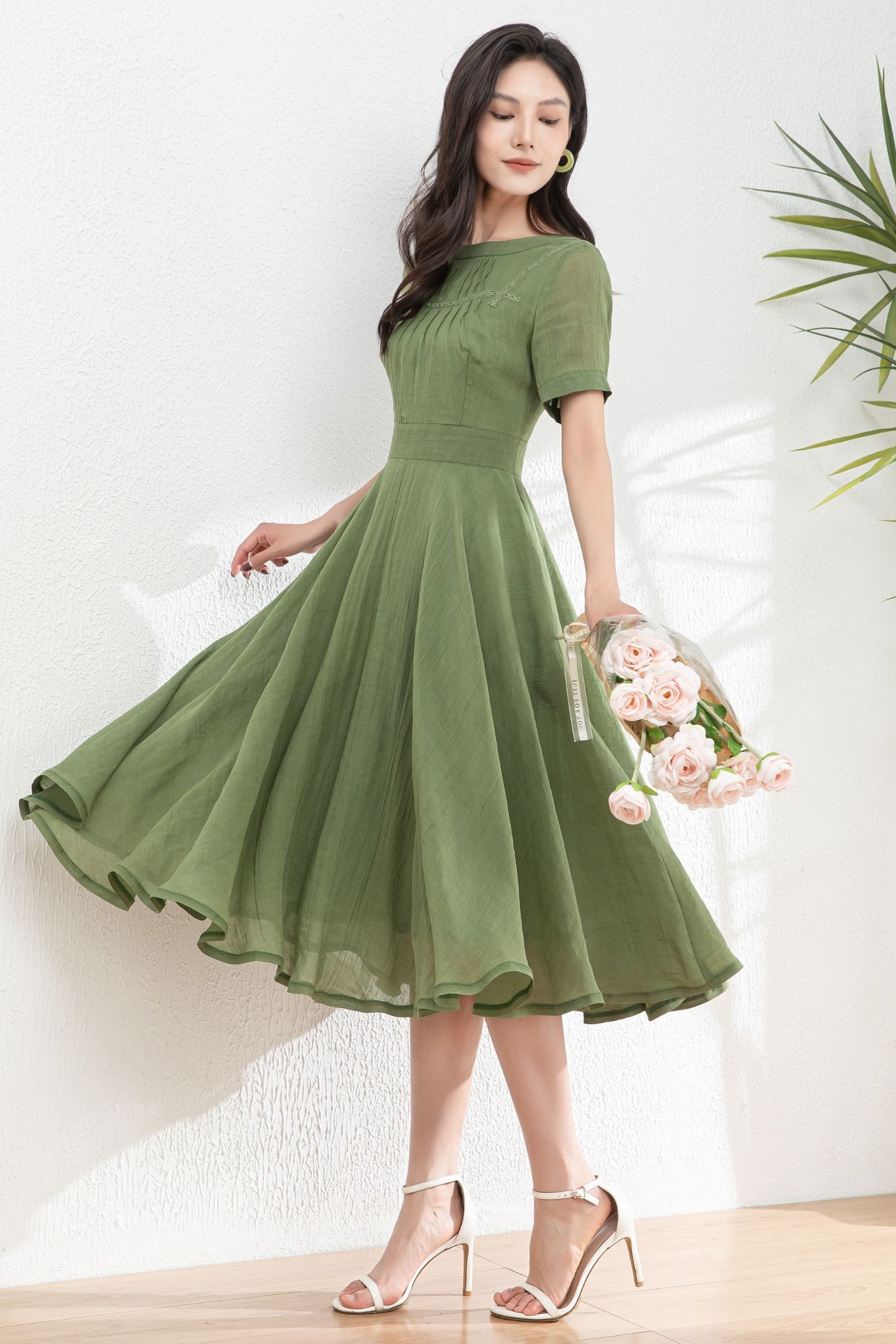 Green Women's swing Linen dress c4982