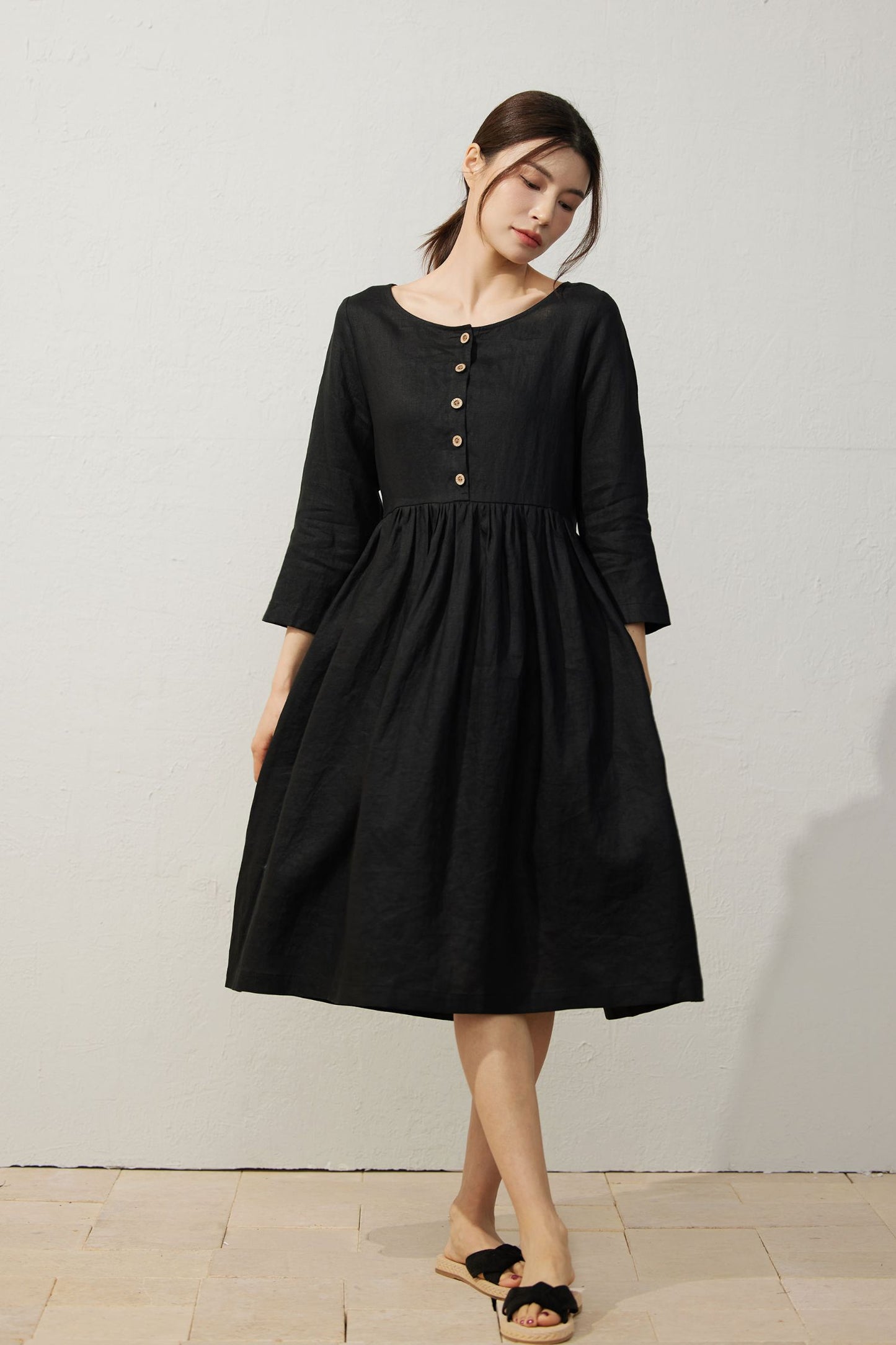 Black Linen Midi Dress with Button Detailing C3925