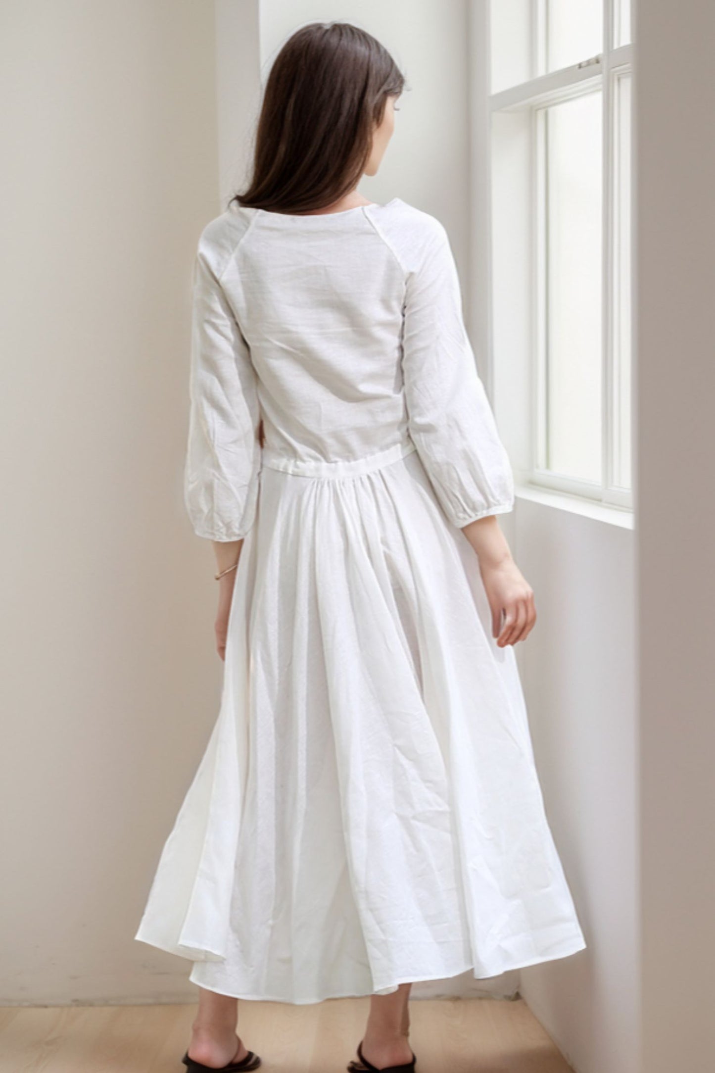 Drawstring Waist Long Sleeve White Dress C281