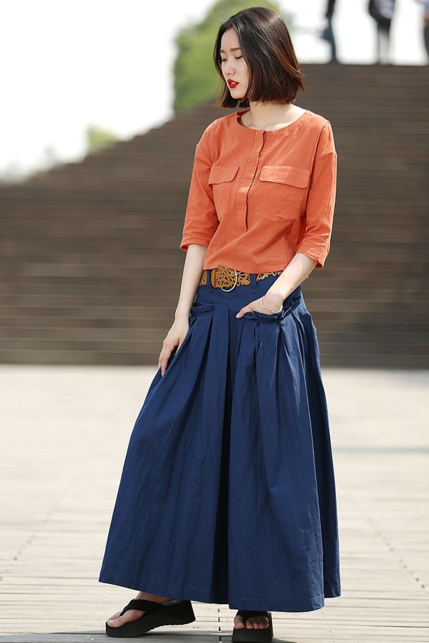 Blue Linen Maxi Summer Skirt with Deep Waistband & Pockets C364