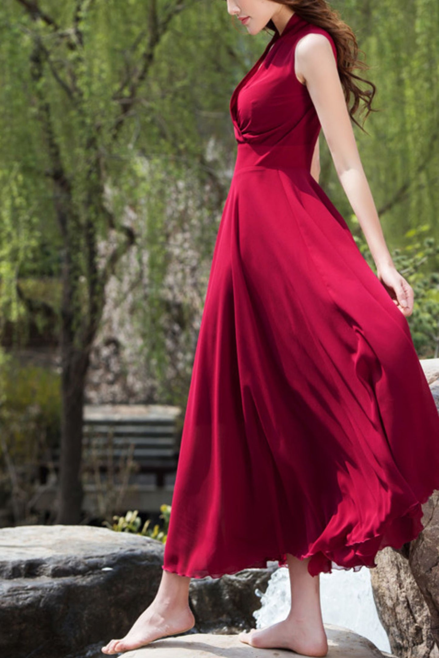 Women's New Chiffon Long V-neck Sleeveless Dress C4095