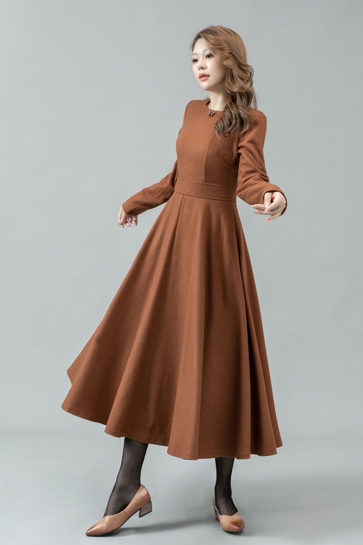 Fit and flare long winter wool dress C4447