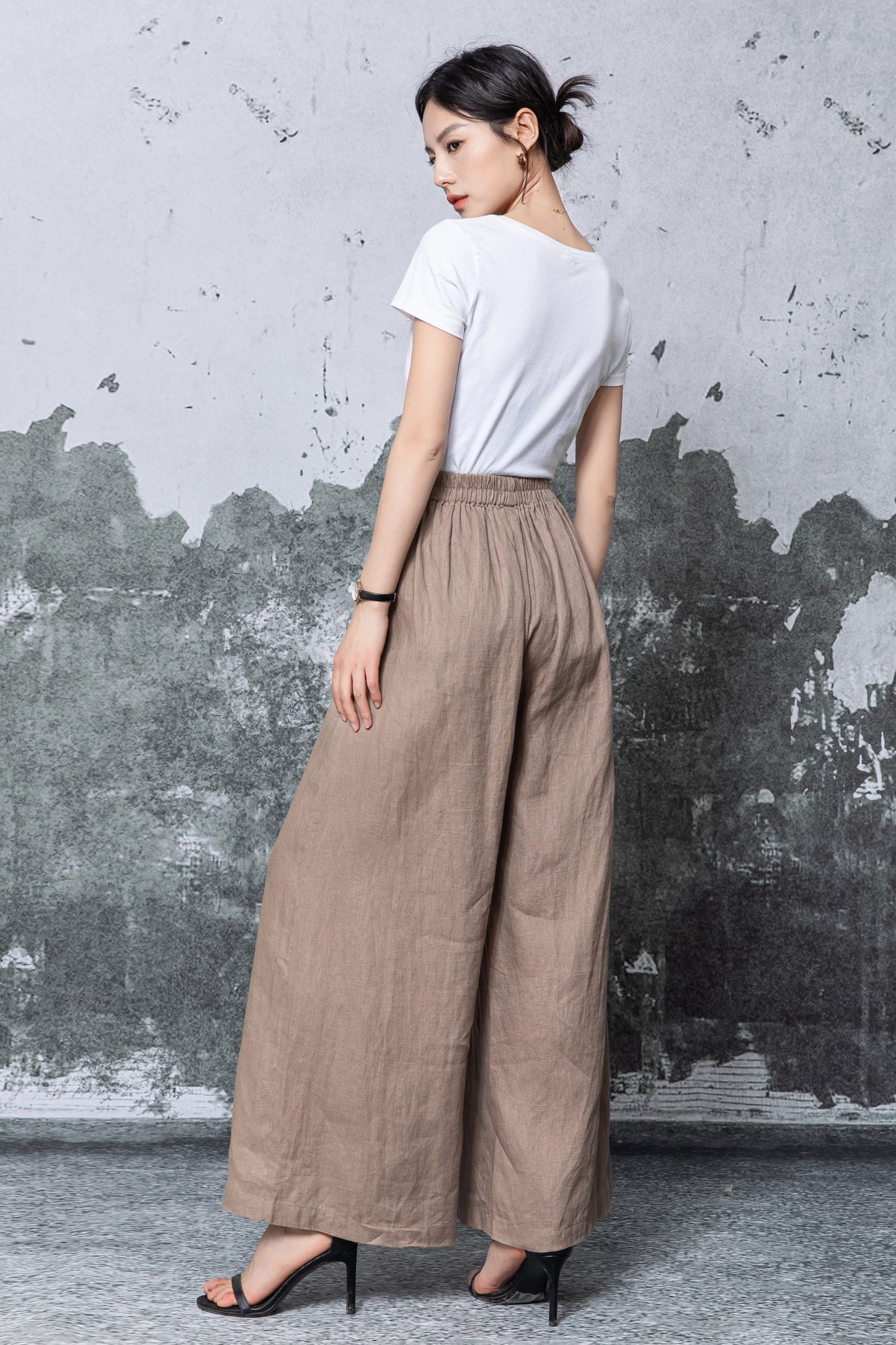 Brown Linen Wide Leg Pants - High Waisted Flowing Palazzo Trousers c5465
