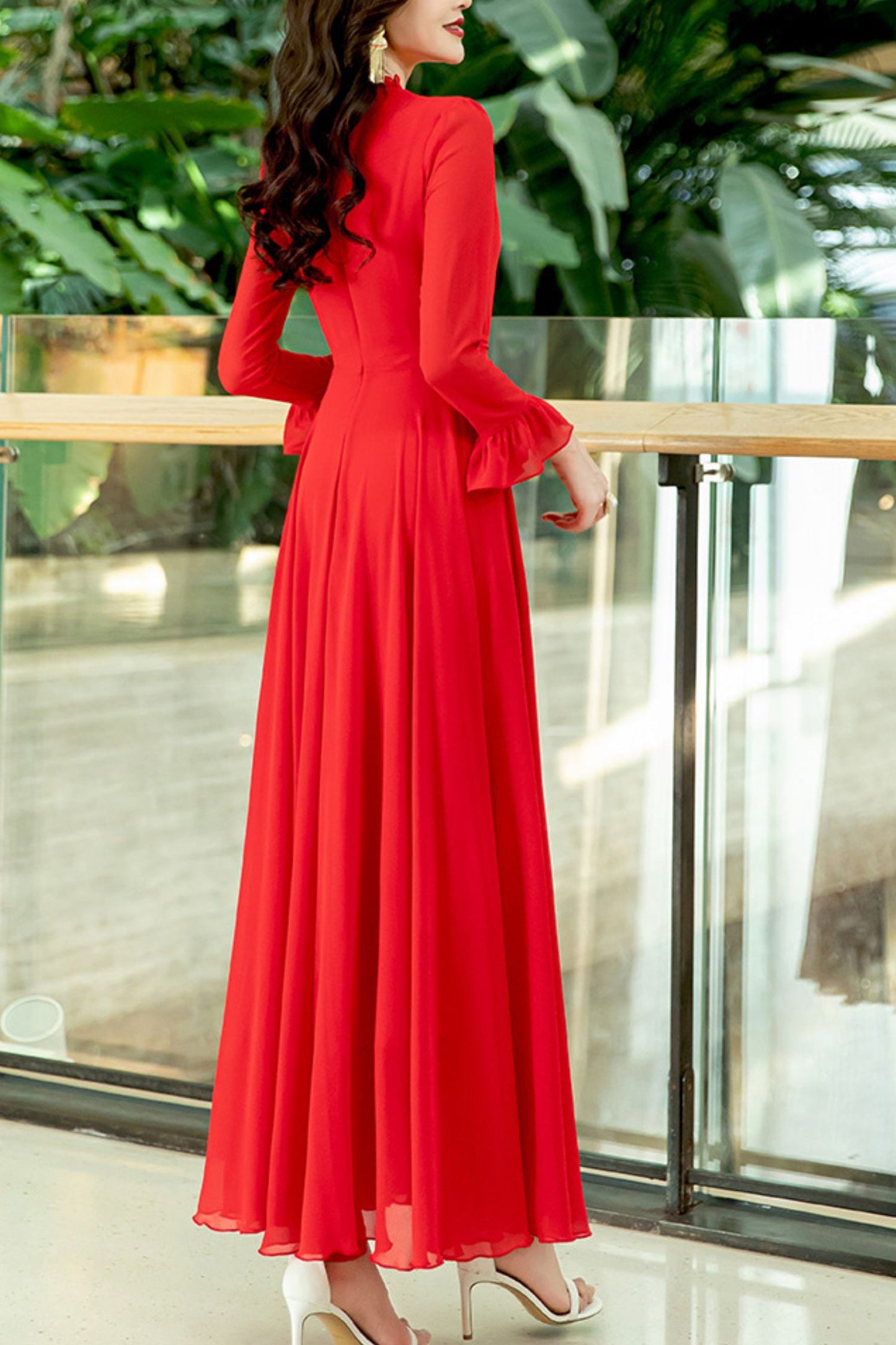 Long-sleeved new lace chiffon long dress C3992