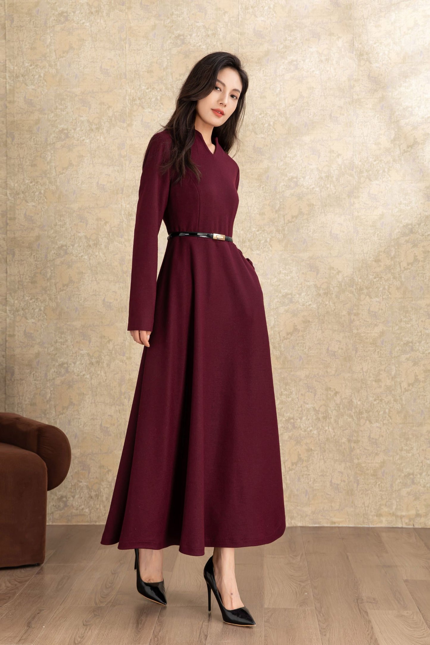 Burgundy winter long wool dress women C4463