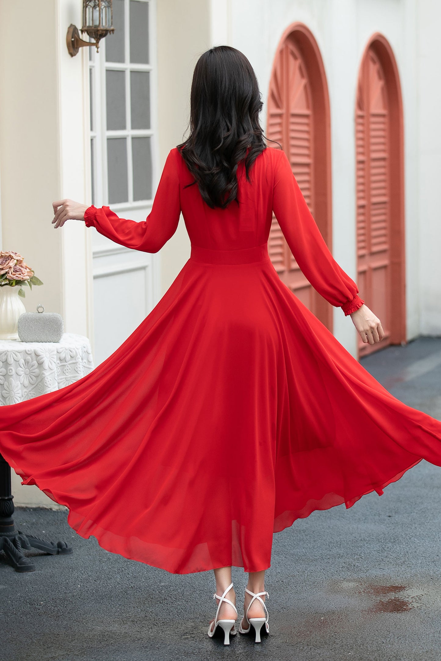 red fit and flare long chiffon dress C5039