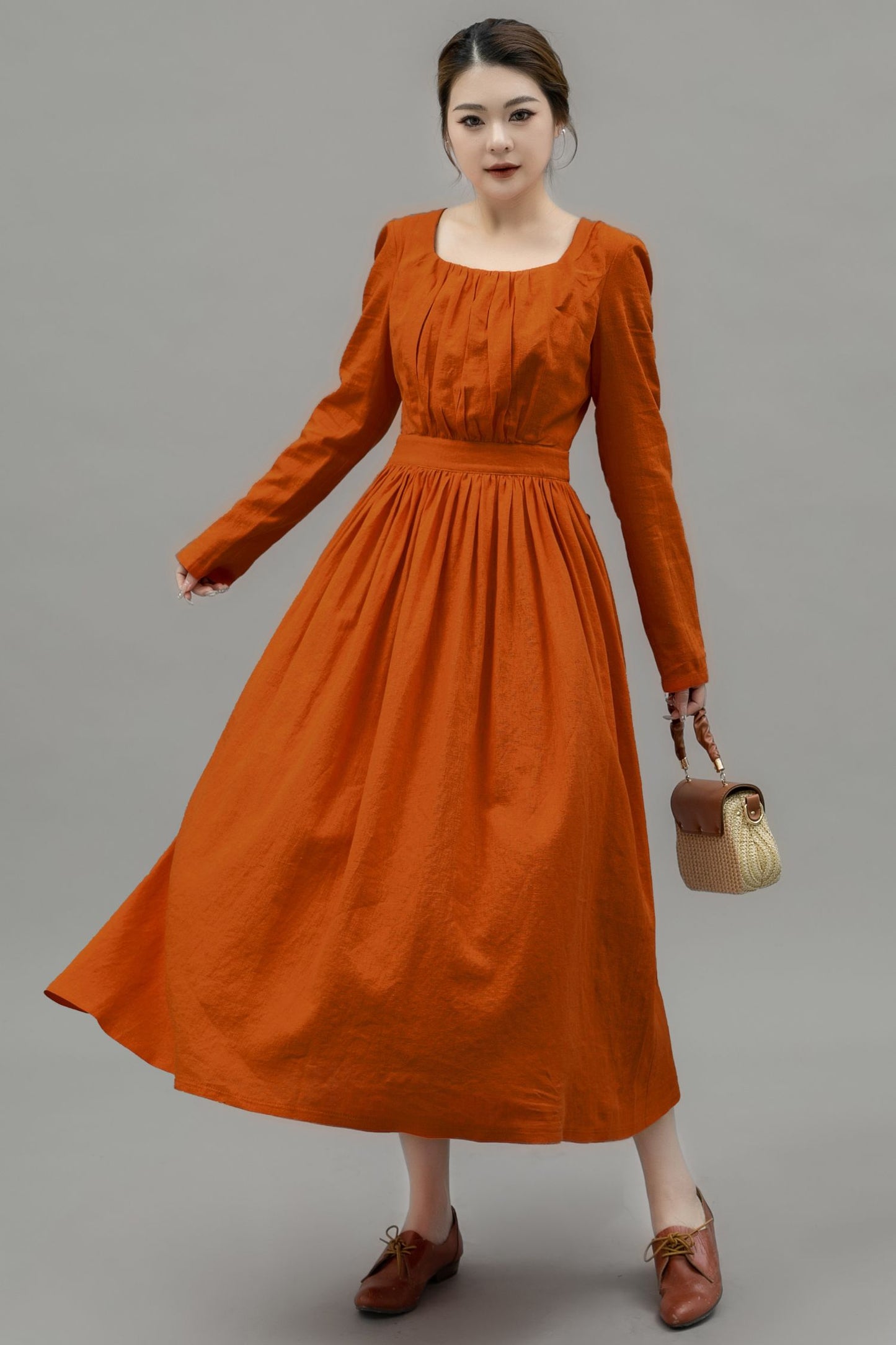 Long Sleeve Orange Linen Dress for Women C4750