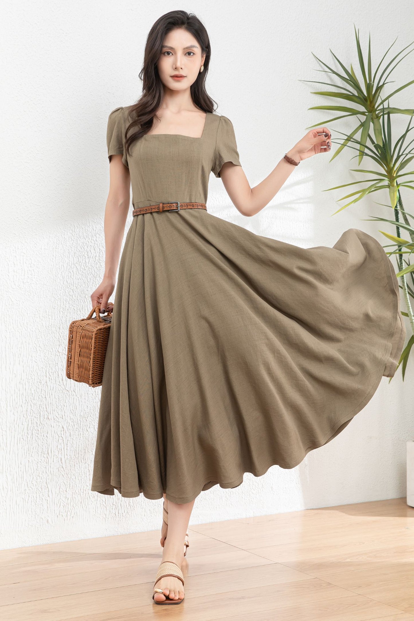 Womens Summer Green Linen Dress c4985