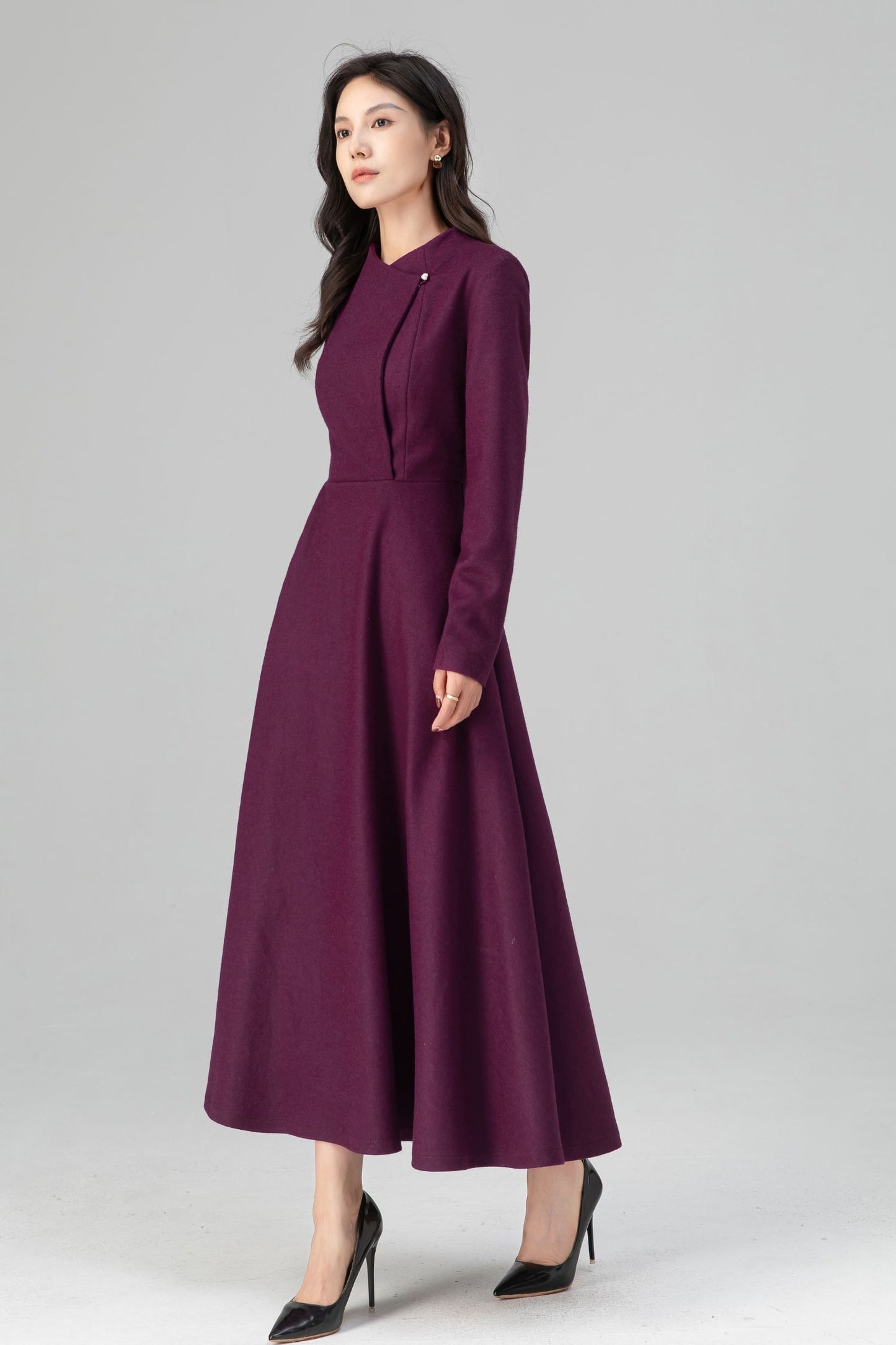 Winter Deep Purple Long Swing Wool Dress Women C5207