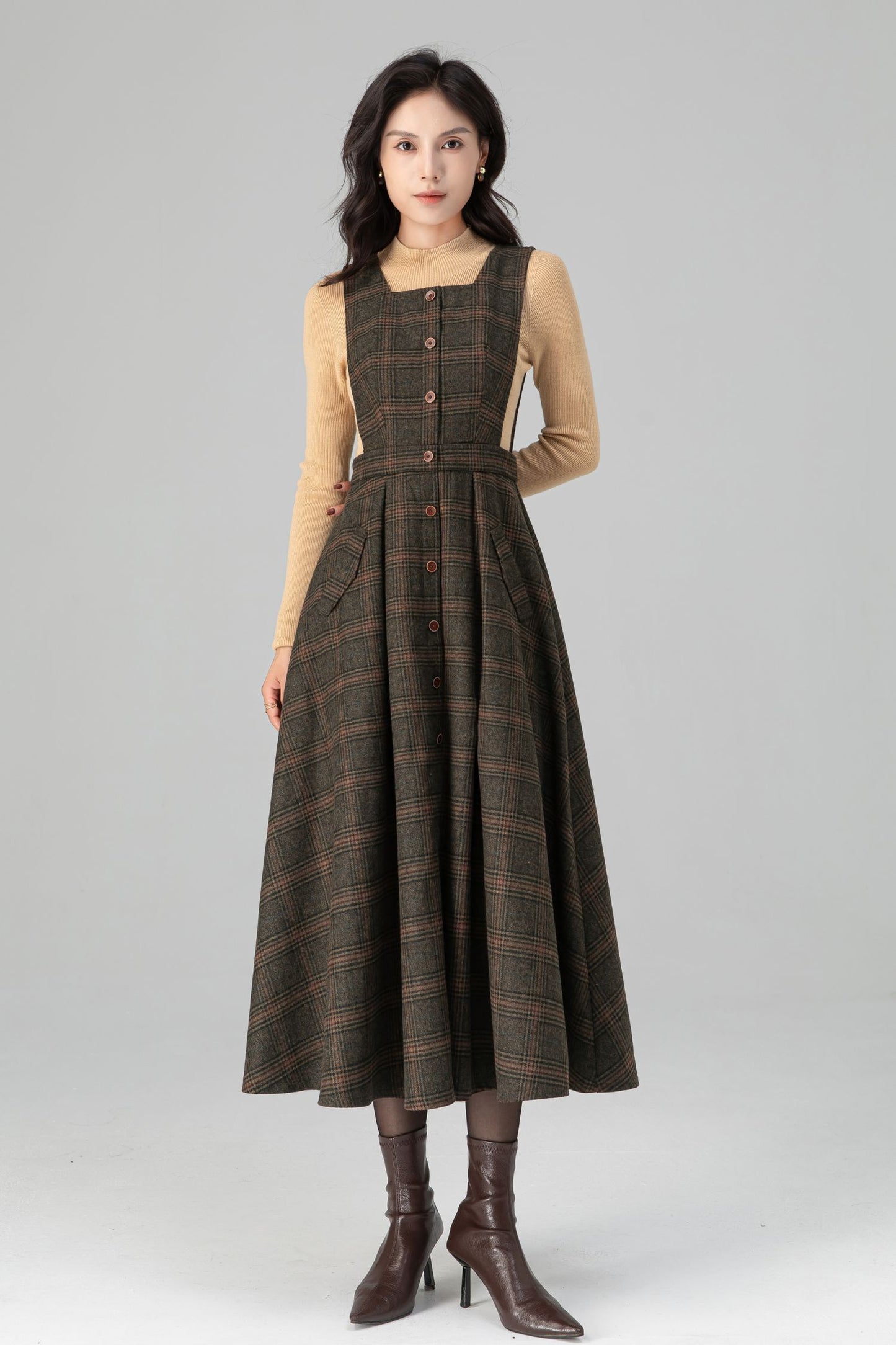 Classic Plaid A Line Apron Midi Wool Dress C5196
