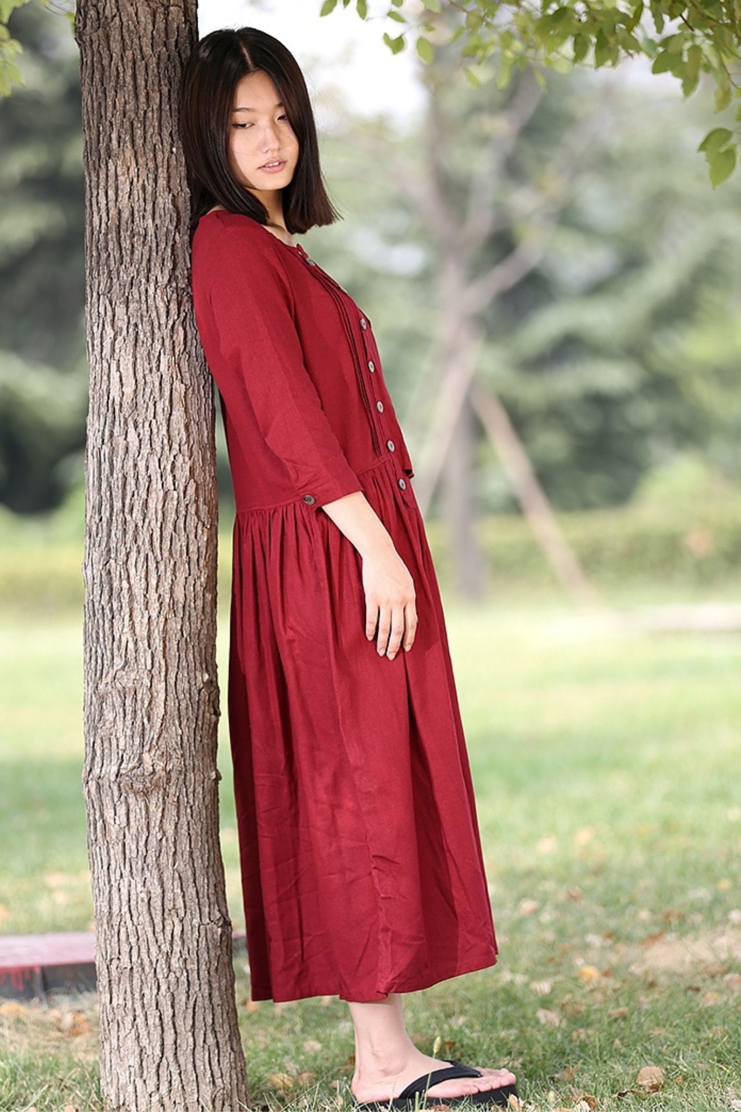 Red Linen Cotton Blend Midi Dress - A-Line Loose Fit C265