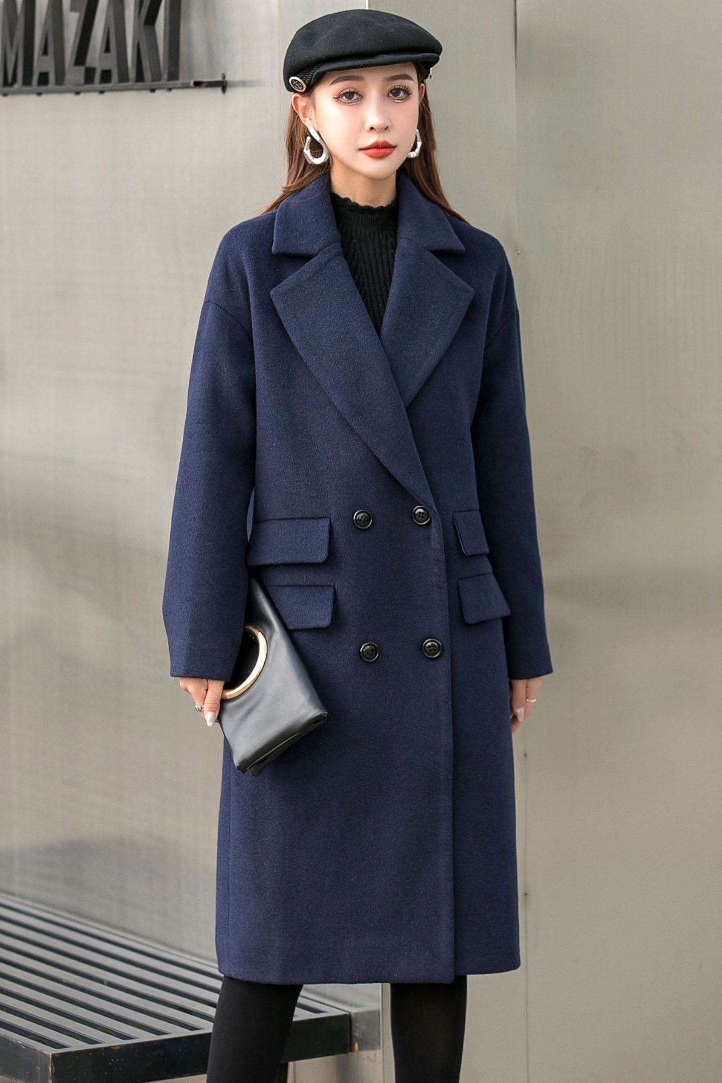 Navy Blue Long Winter Wool Coat C2544