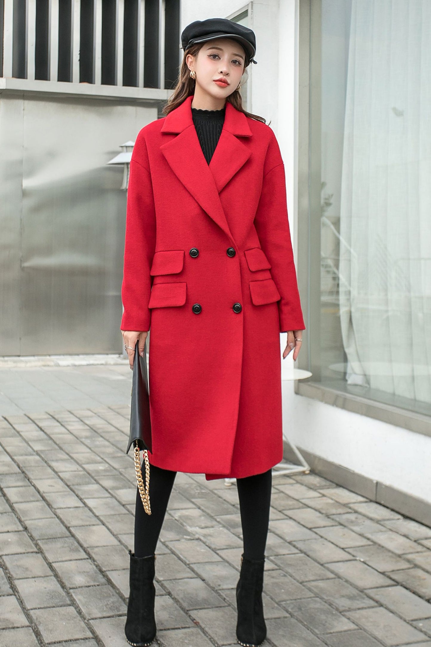 Wool Trench Red Coat Women C2569