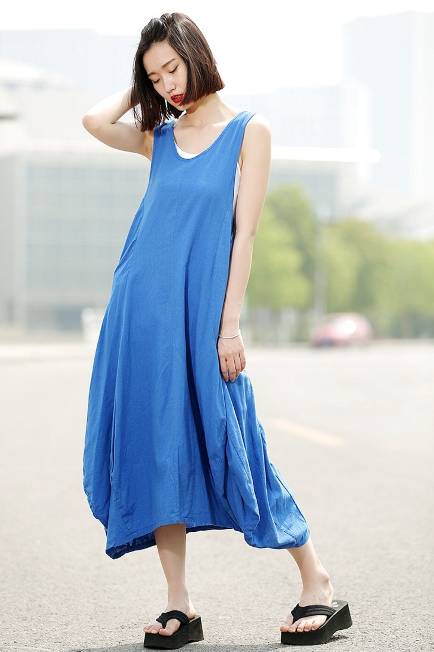 Linen long vest sleeveless dress C355