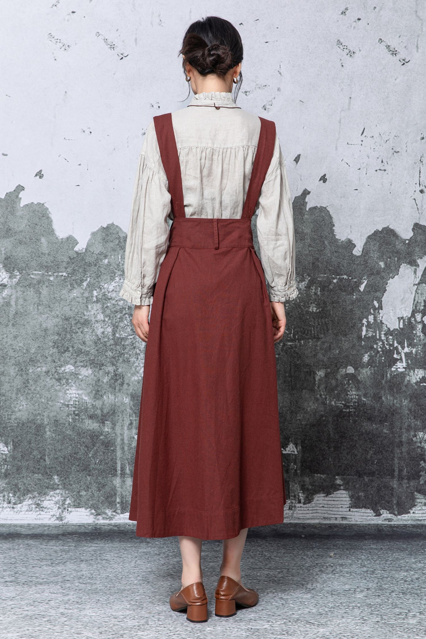 Rust Linen Midi Pinafore Dress - Asymmetric Hem with Pockets c5464