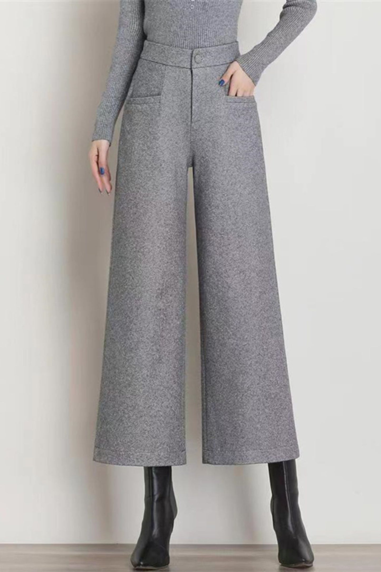 Wide leg womens wool pants with pockets c5078