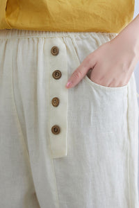White Linen Casual Cropped Elastic Waist Pants C2294