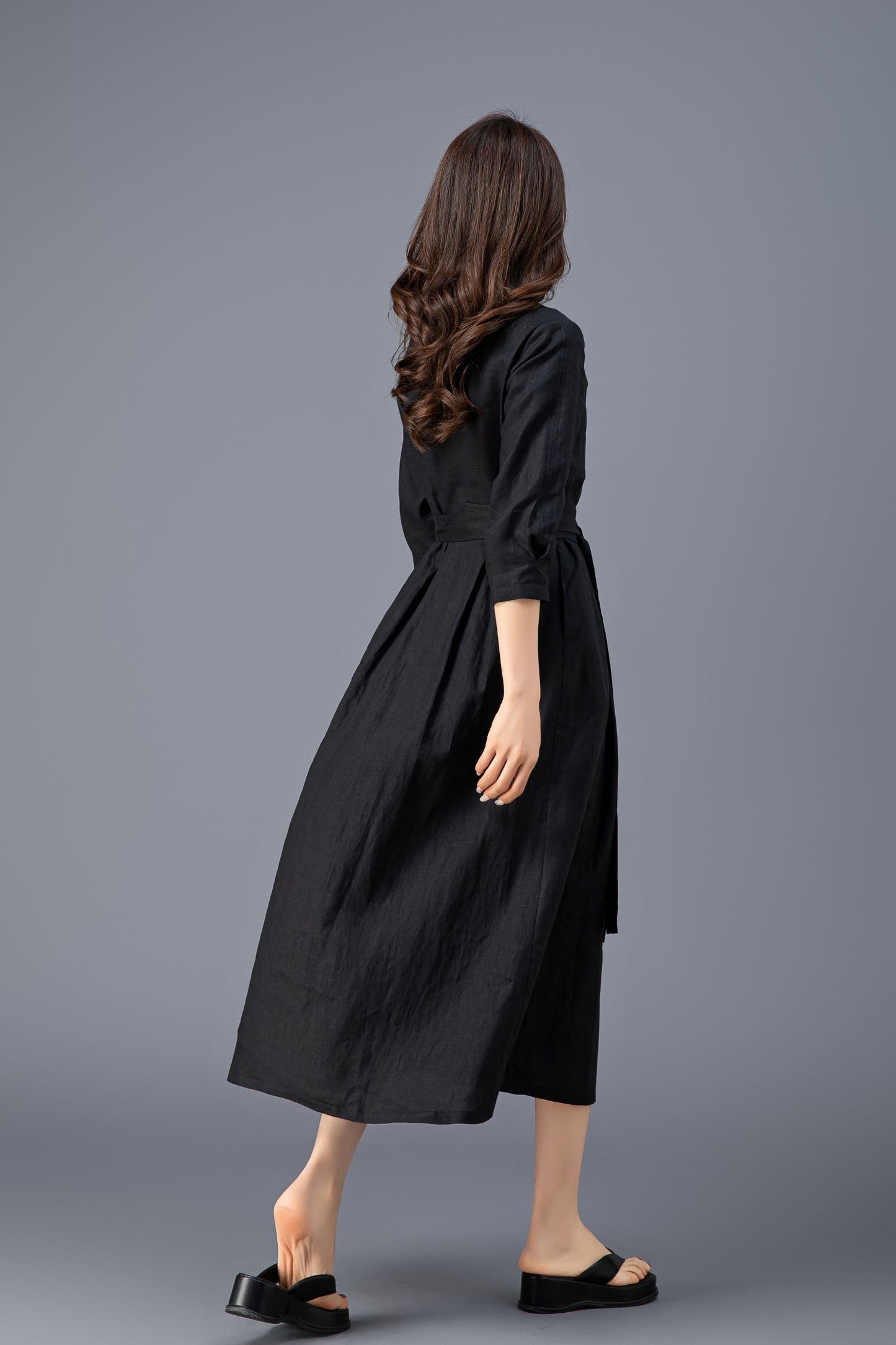 Women's Casual Belted  Black Linen Dress C3911
