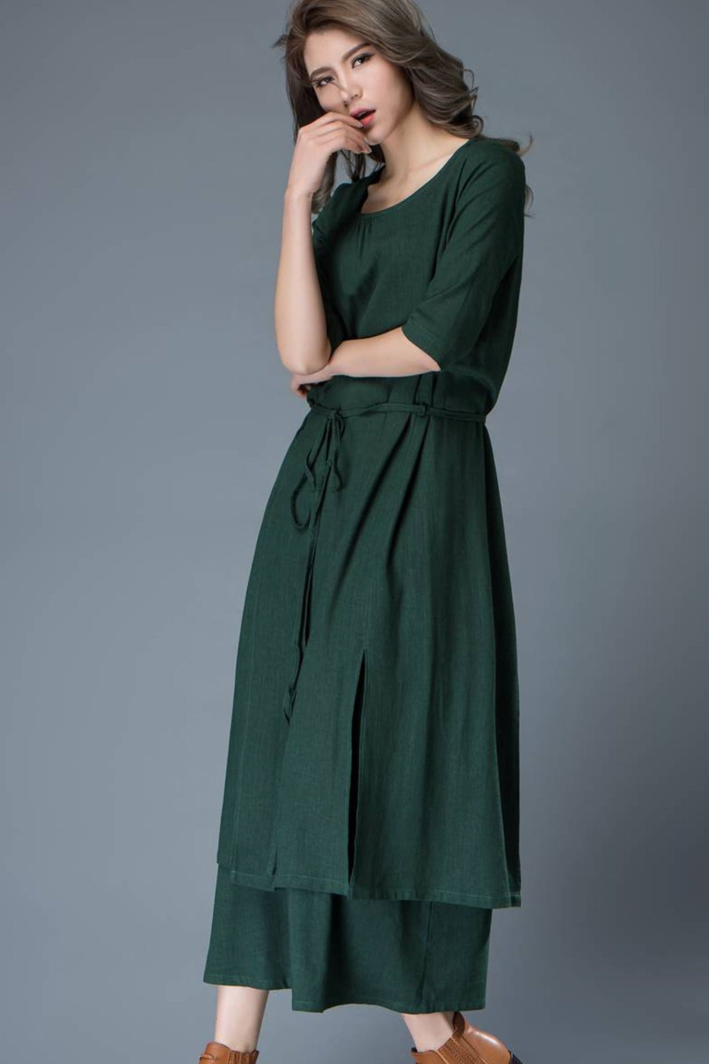 Emerald Green Loose-Fitted Layered Long Length Woman's Dress with Half Sleeves C806