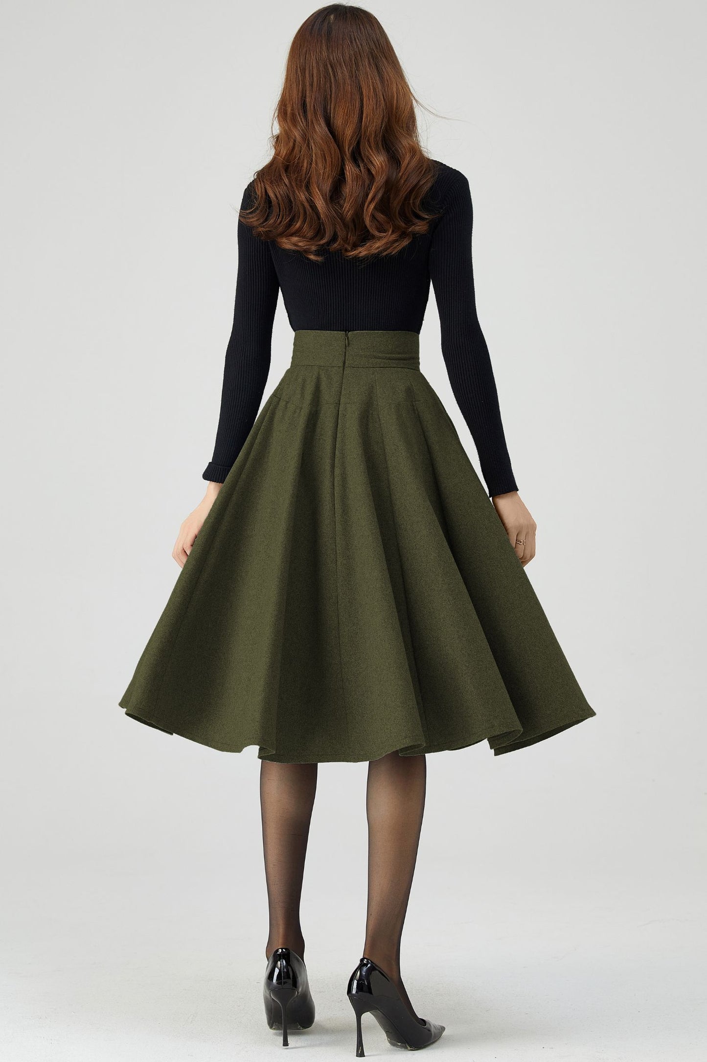 Women Knee Length Army Green Wool Skirt C4526