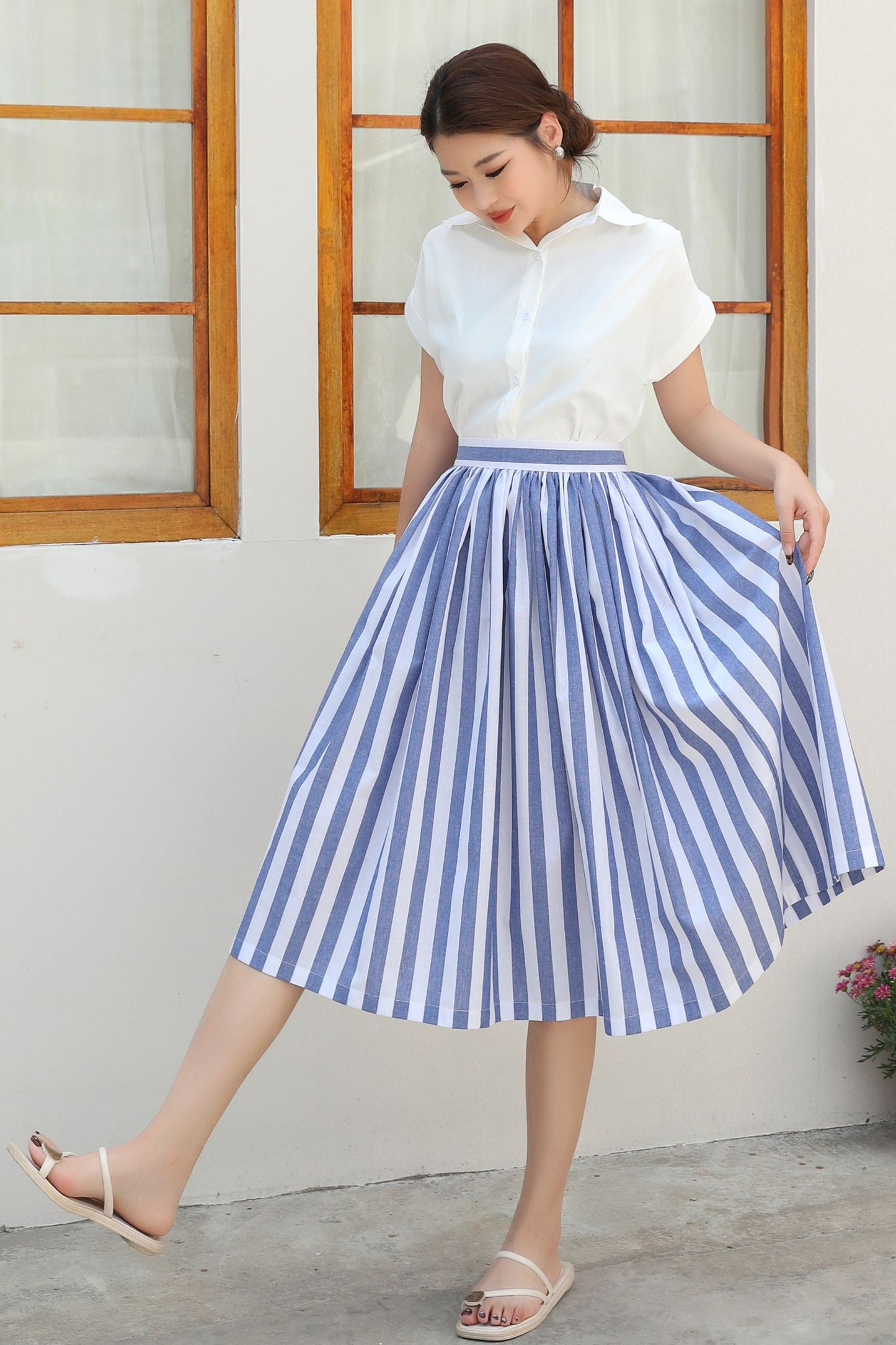 Striped linen Midi A-Line Skirt c4840