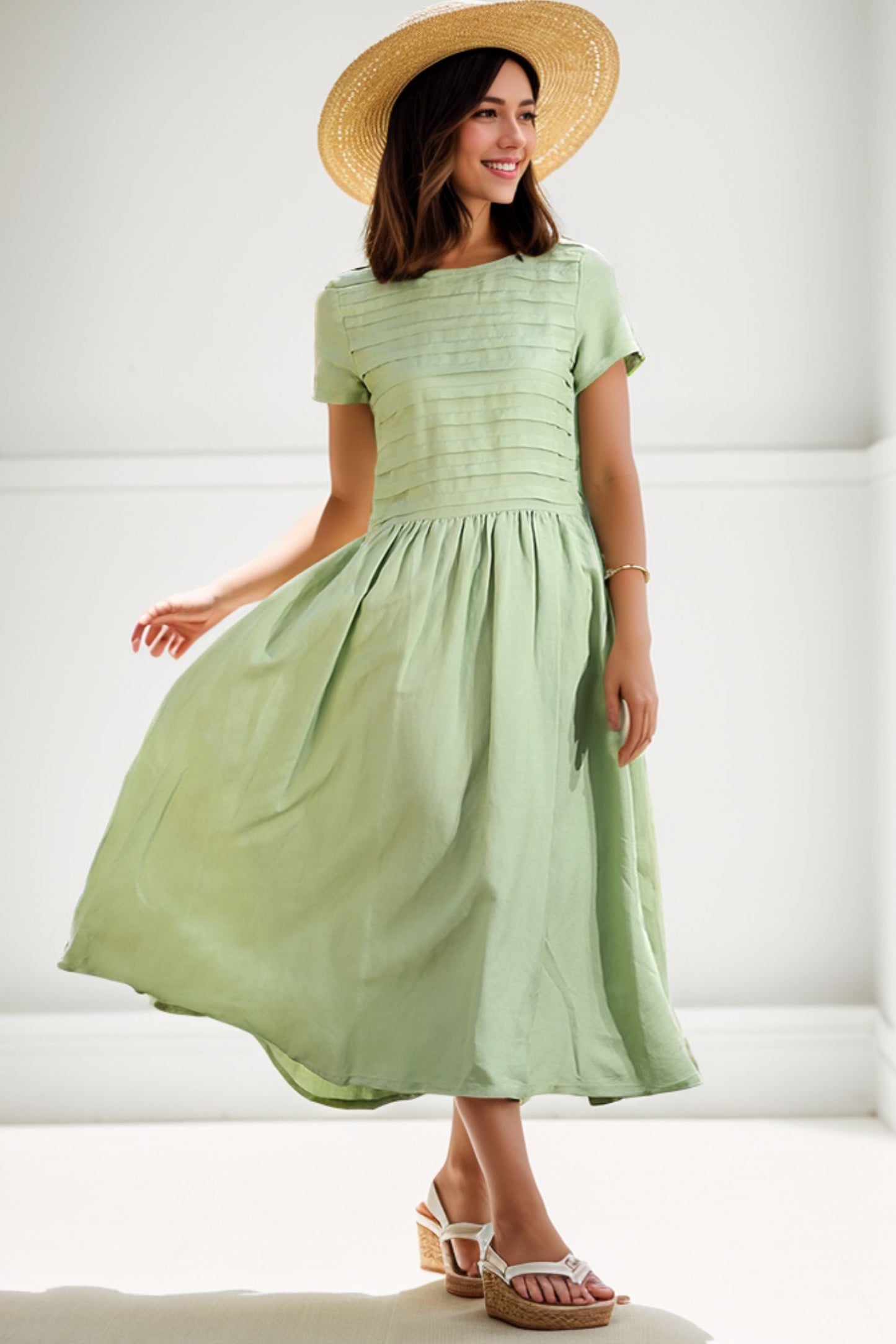 Loose Fitting Short Sleeve Unique Sweep Summer Dress in Lemon Green C258
