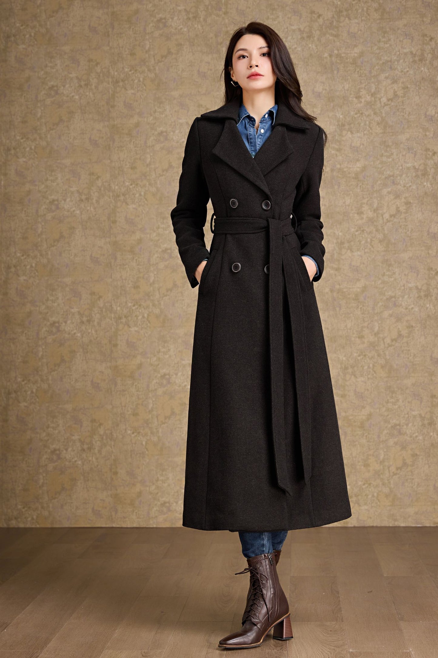 Winter warm brown Long Wool Coat C4479
