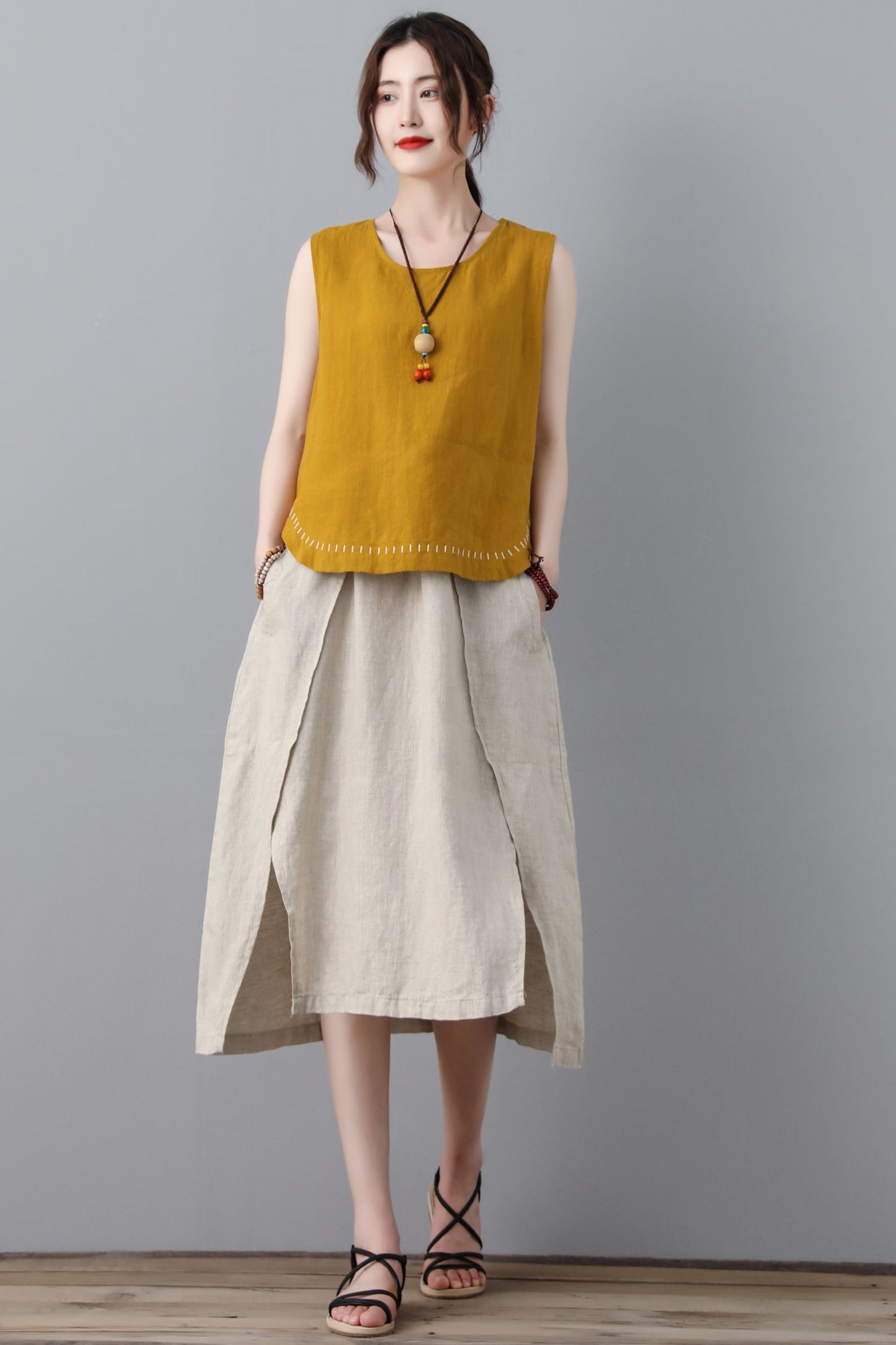 linen midi women summer natural A line skirt C2306