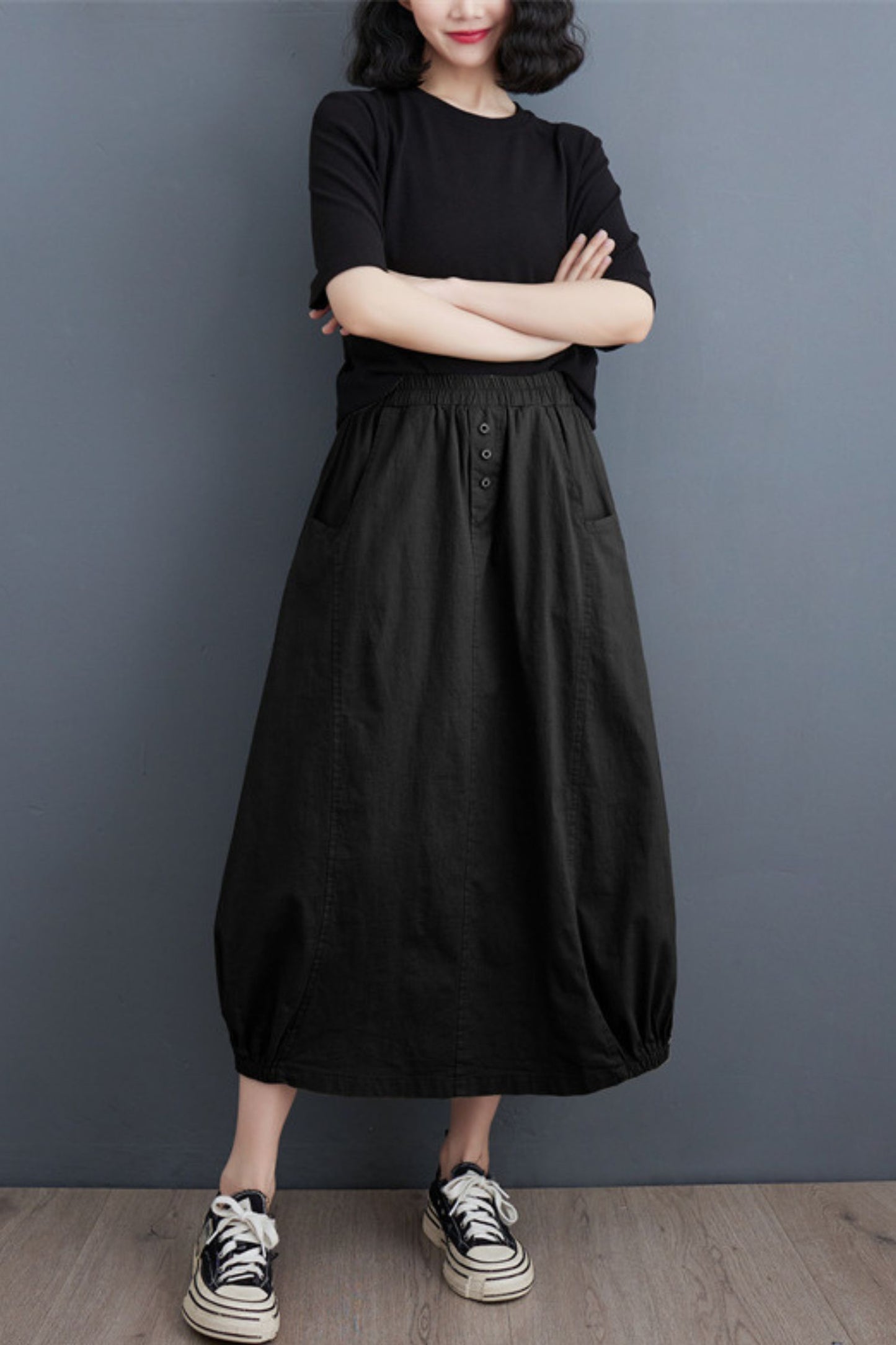 Cotton Linen Women Casual Elastic Waist A-line Skirt TT0020