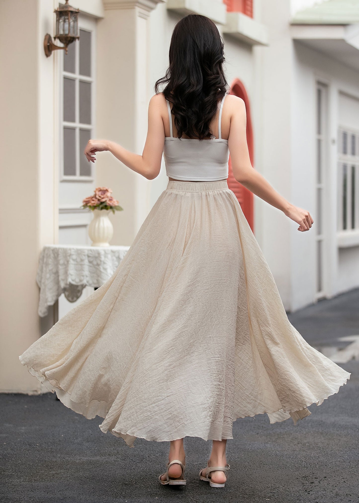 A line beige long linen skirt women C5033