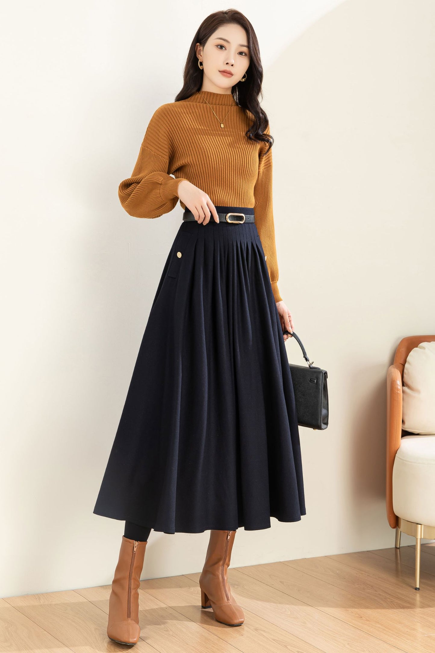 Navy Blue Wool Midi Skirt C3603