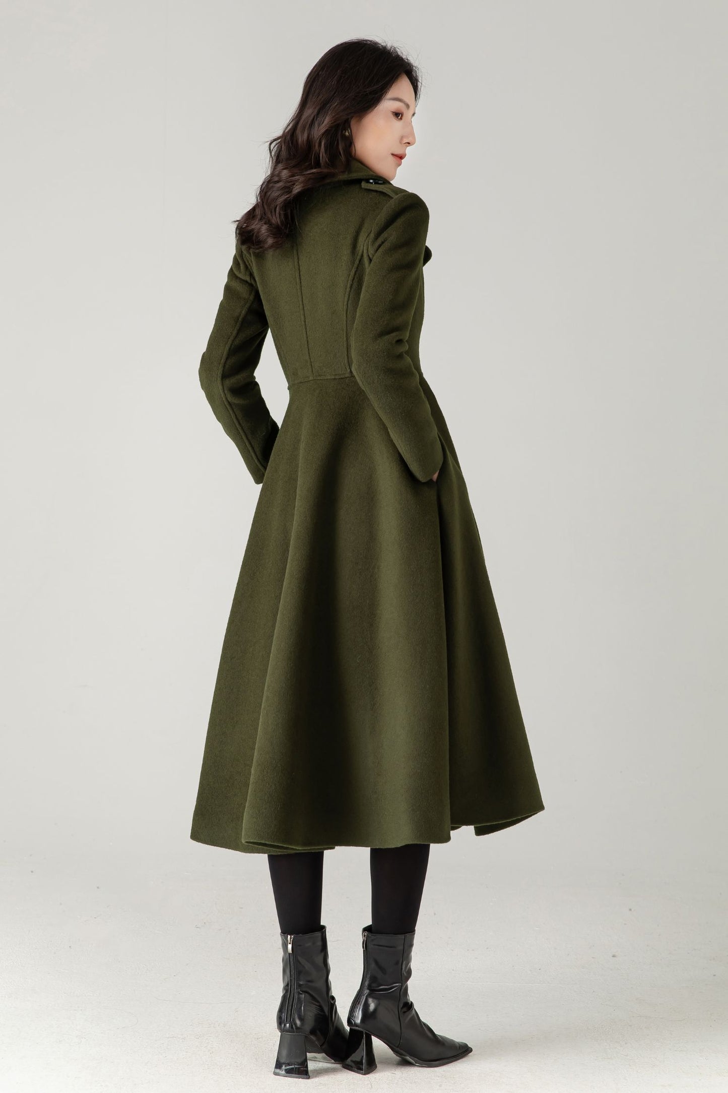Vintage Inspired Long Princess Coat in Army Green C5342