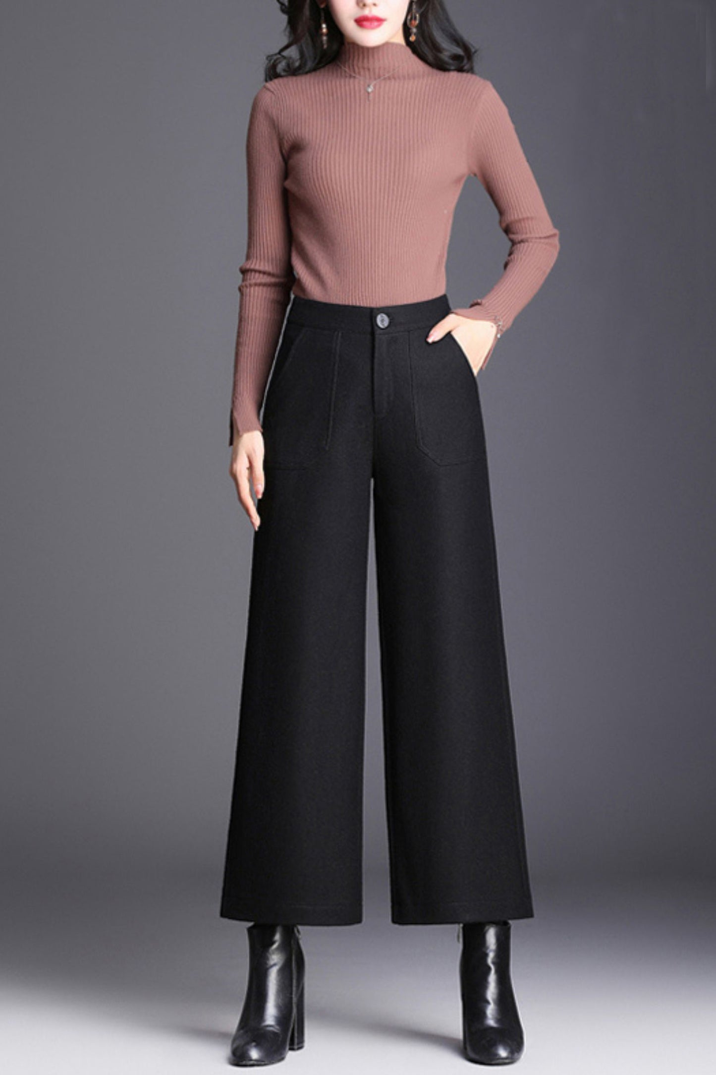 Midi wide leg wool pants women c5080