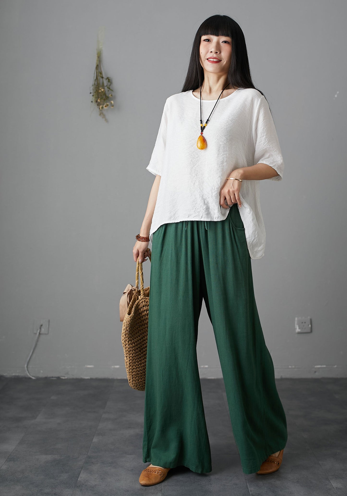 Elastic Waist Drawstring Wide Palazzo Linen Pants C1988-Size L #CK2200800