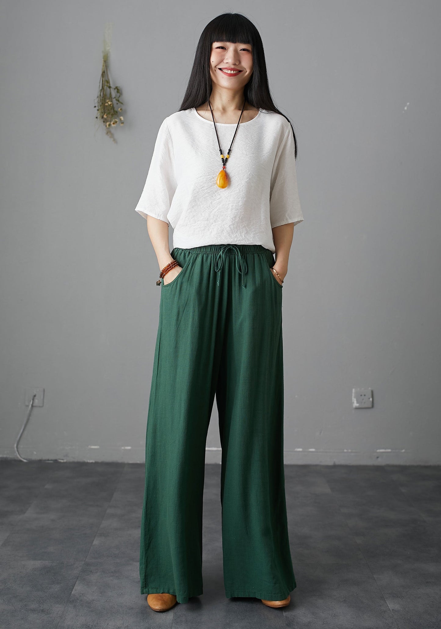 Elastic Waist Drawstring Wide Palazzo Linen Pants C1988-Size L #CK2200800