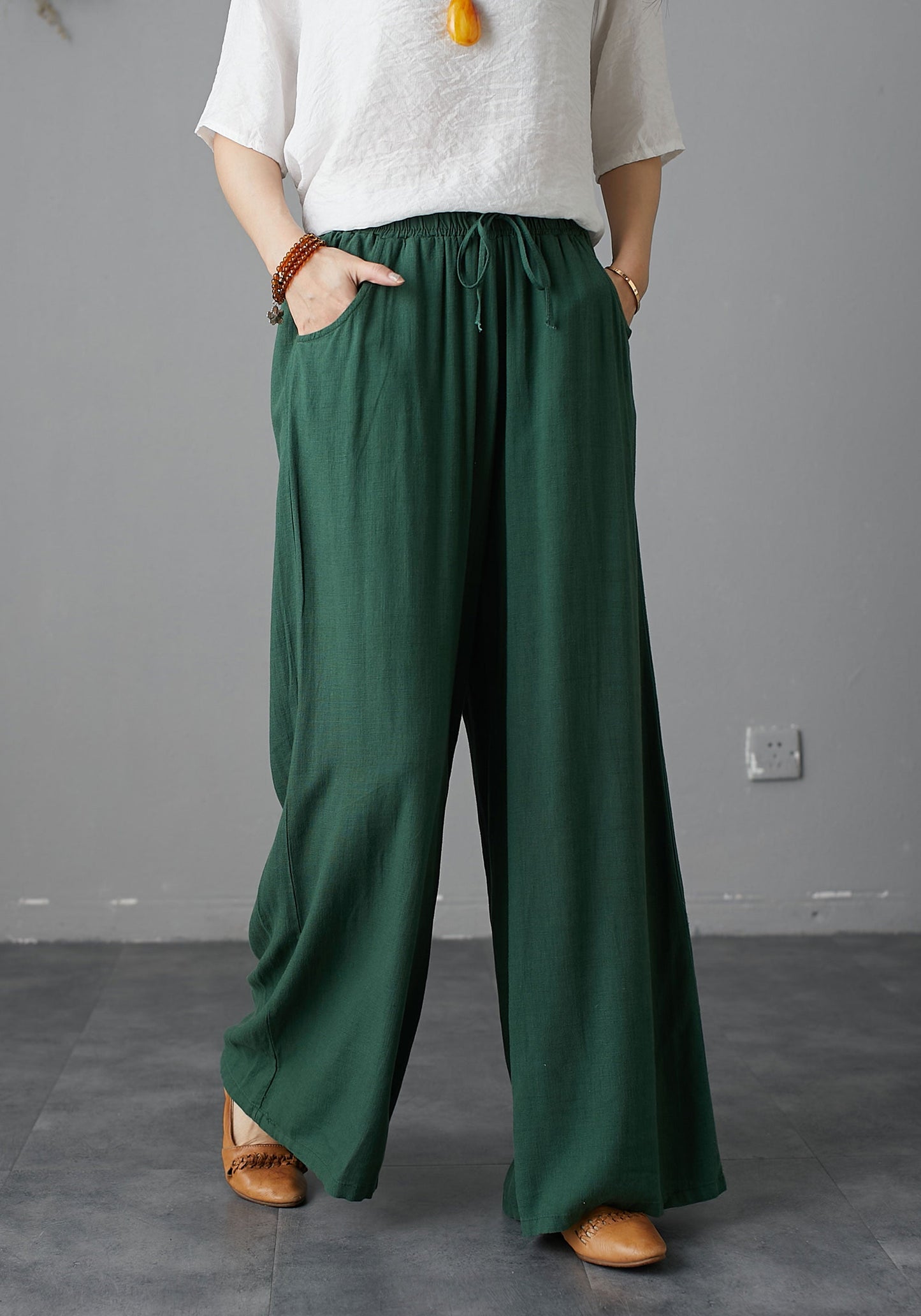 Elastic Waist Drawstring Wide Palazzo Linen Pants C1988-Size L #CK2200800
