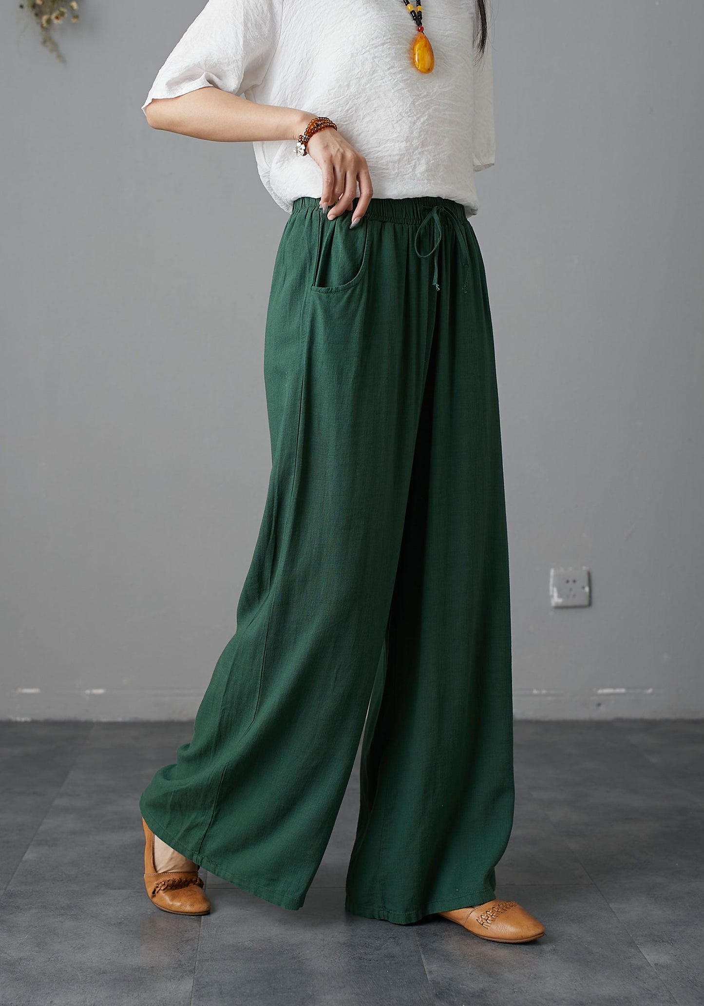 Elastic Waist Drawstring Wide Palazzo Linen Pants C1988-Size L #CK2200800