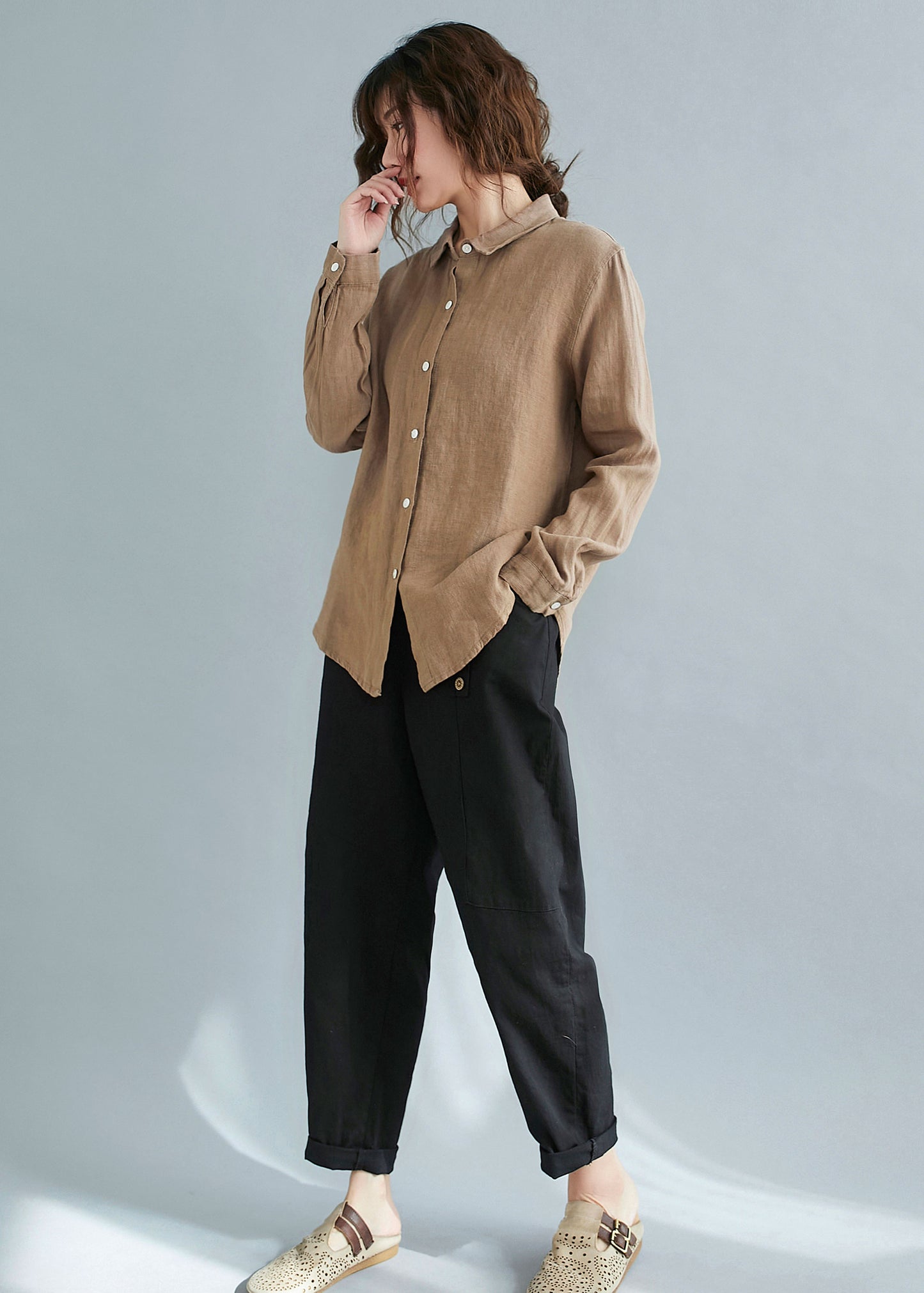 long sleeves button up linen shirt c2118