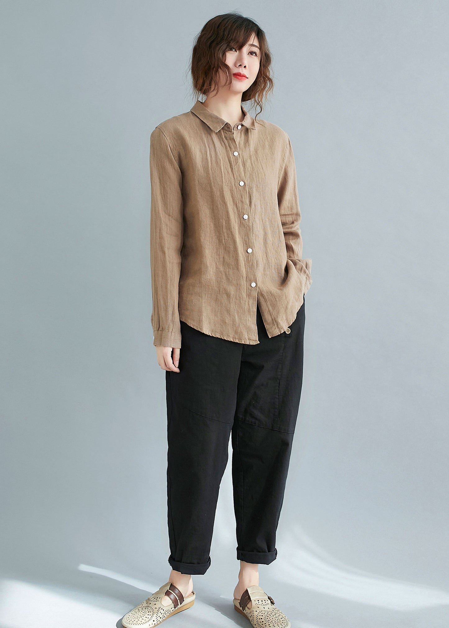 long sleeves button up linen shirt c2118