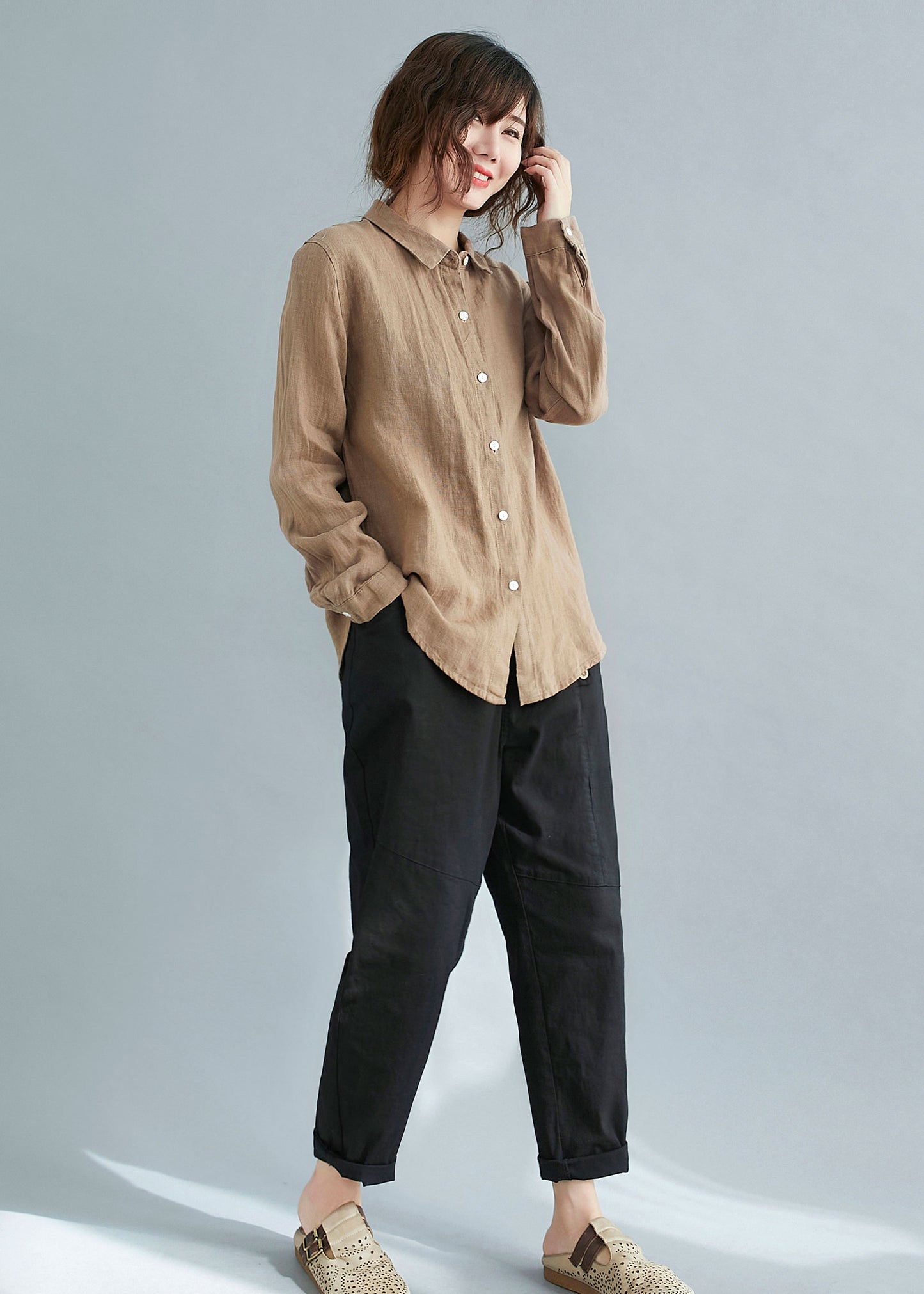 long sleeves button up linen shirt c2118