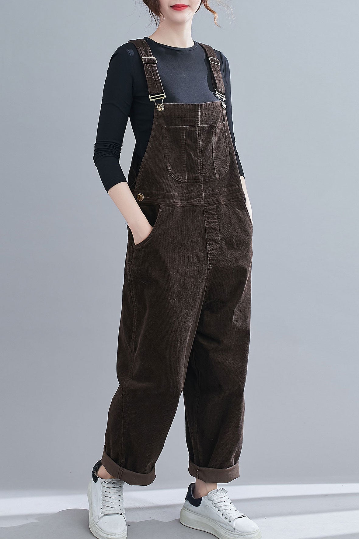 Retro Brown Corduroy Overalls Women C1830