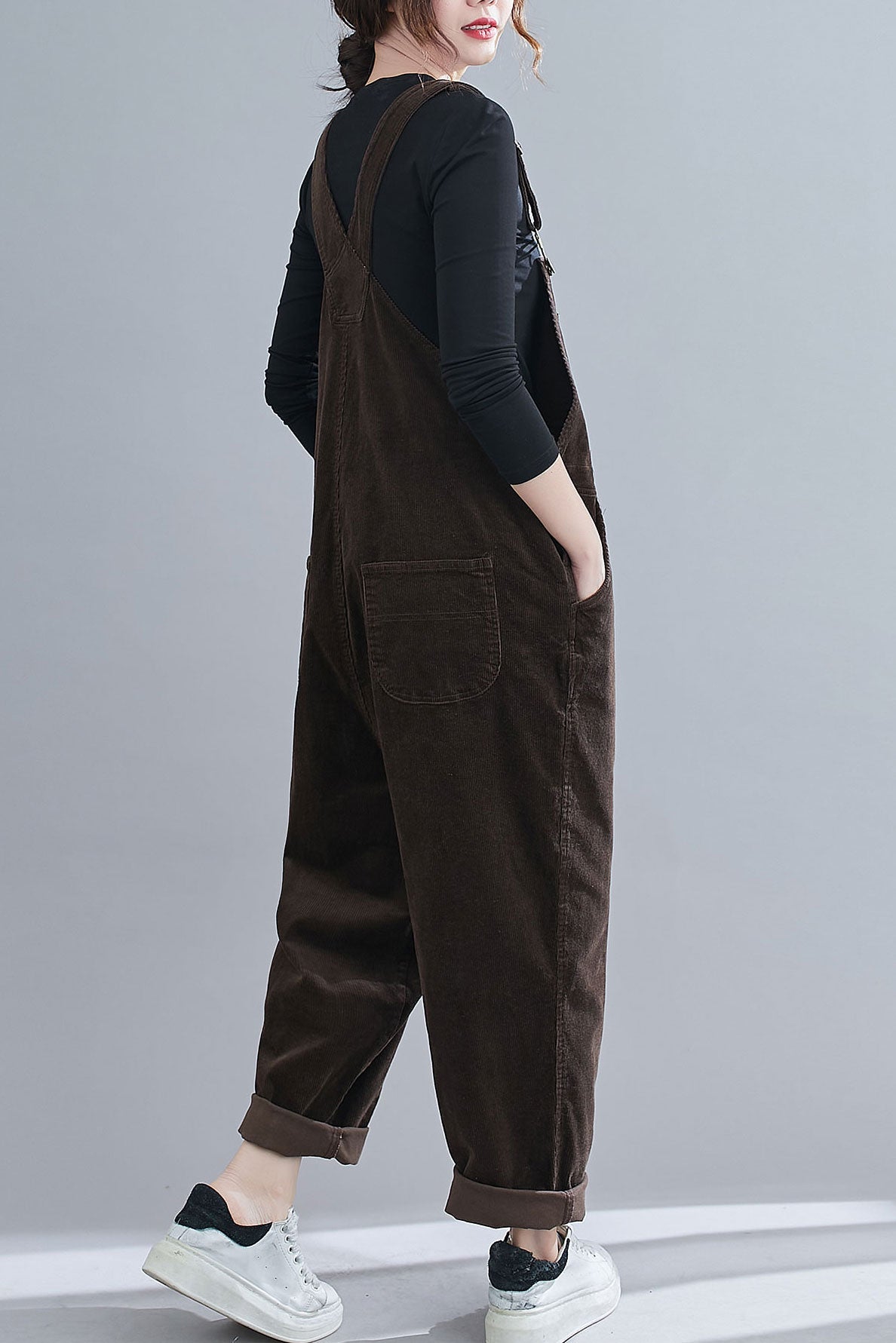 Retro Brown Corduroy Overalls Women C1830