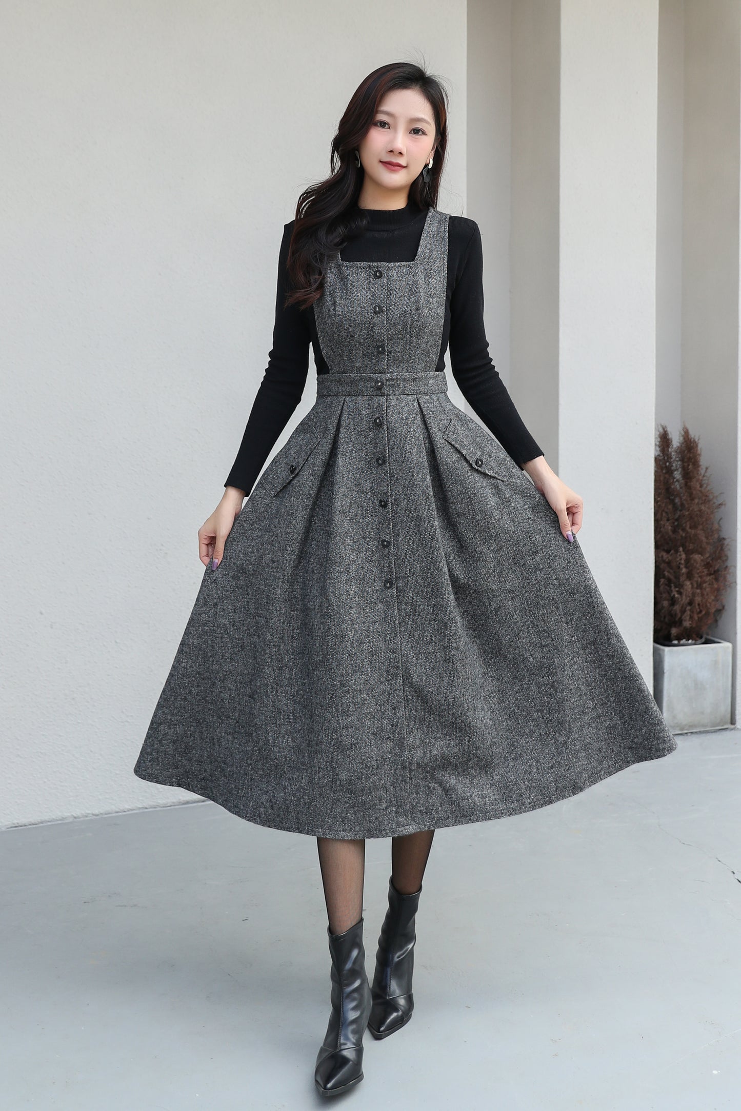 Gray Pinafore Midi Wool Dress C5187
