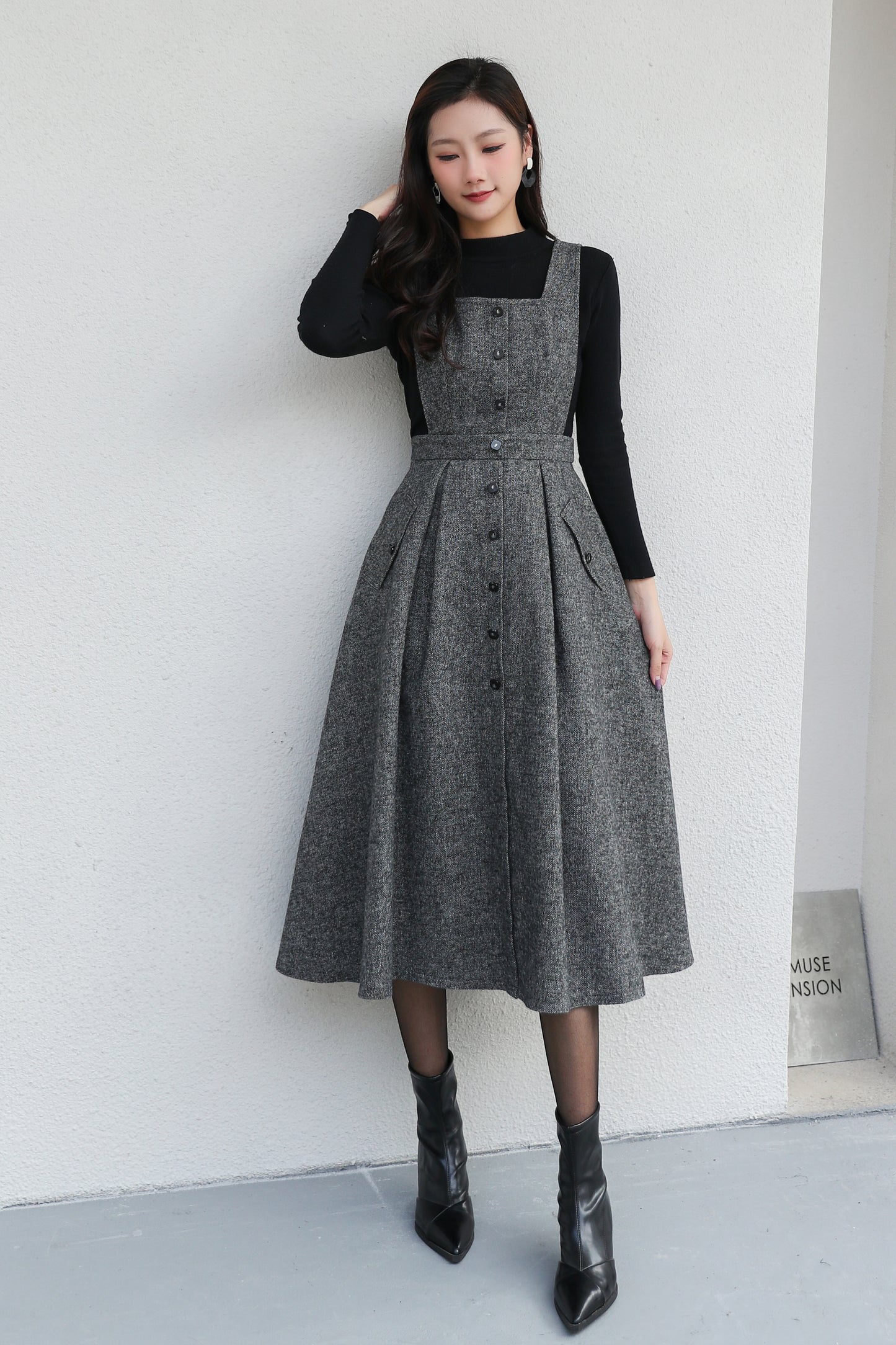 Gray Pinafore Midi Wool Dress C5187